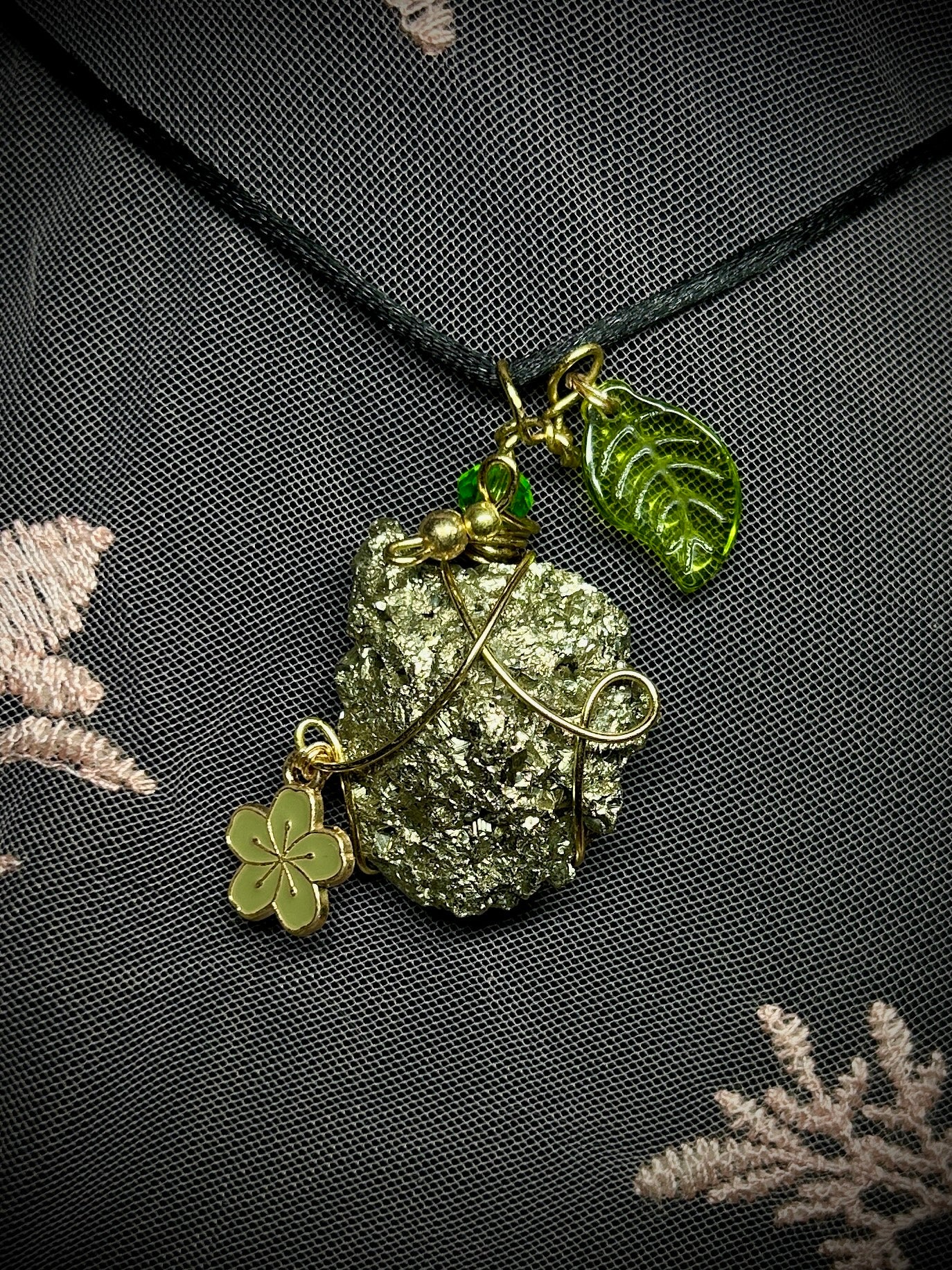 Fuschite with Green Flower & Leaf Charms