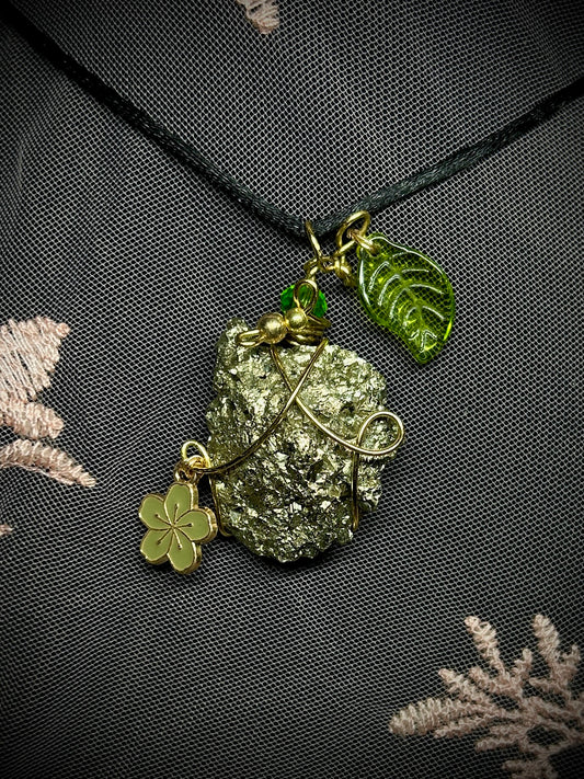 Fuschite with Green Flower & Leaf Charms