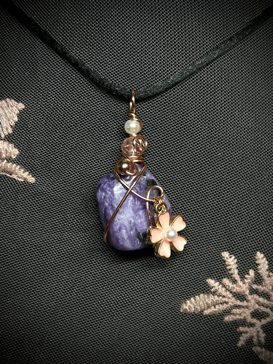 Charoite with Pink Flower Charm Necklace