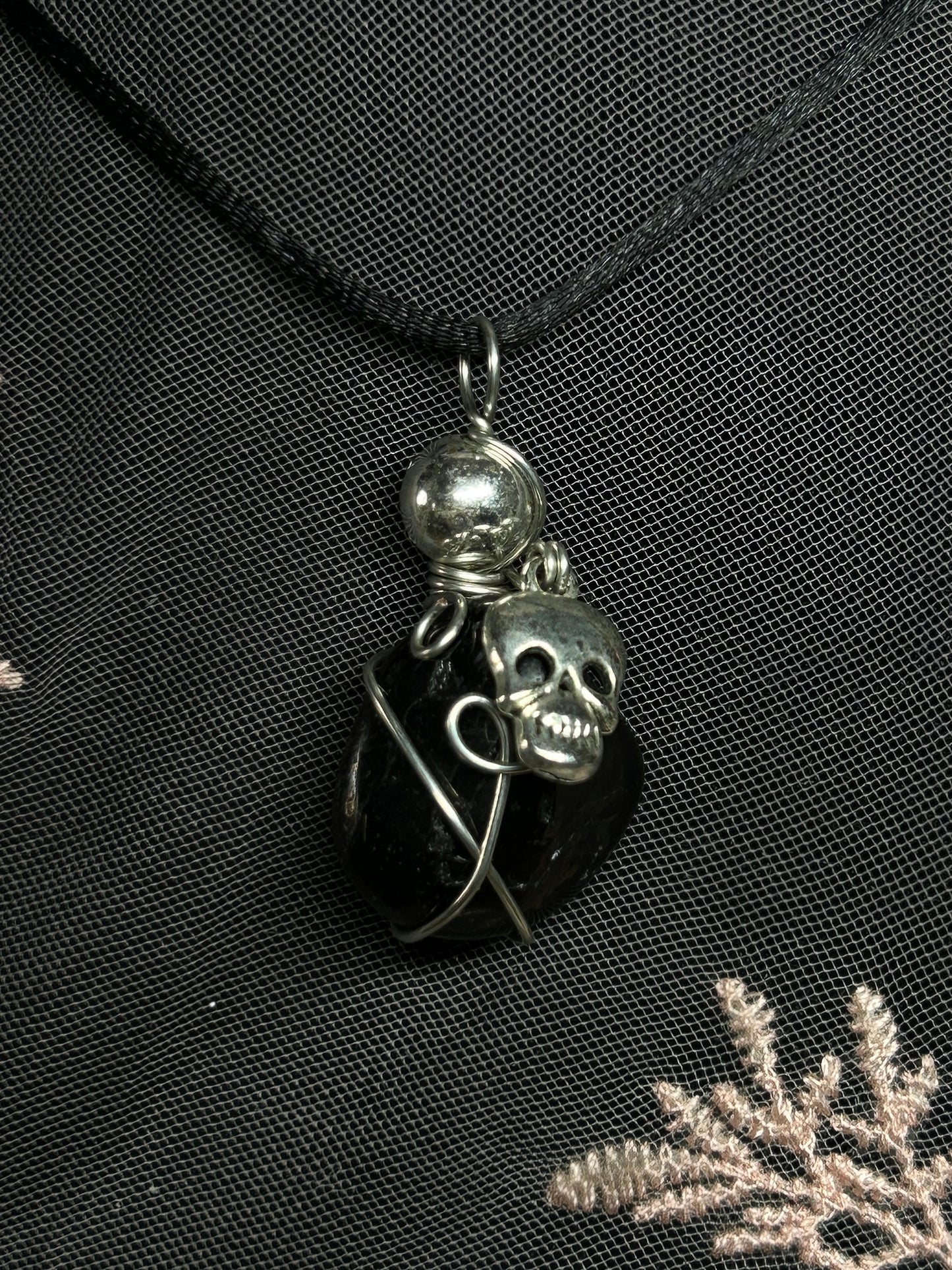 Jet with Skull Charm Necklace