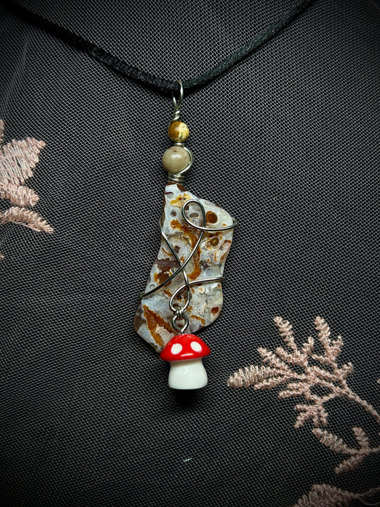 Crazy Lace Agate with Mushroom Charm Necklace
