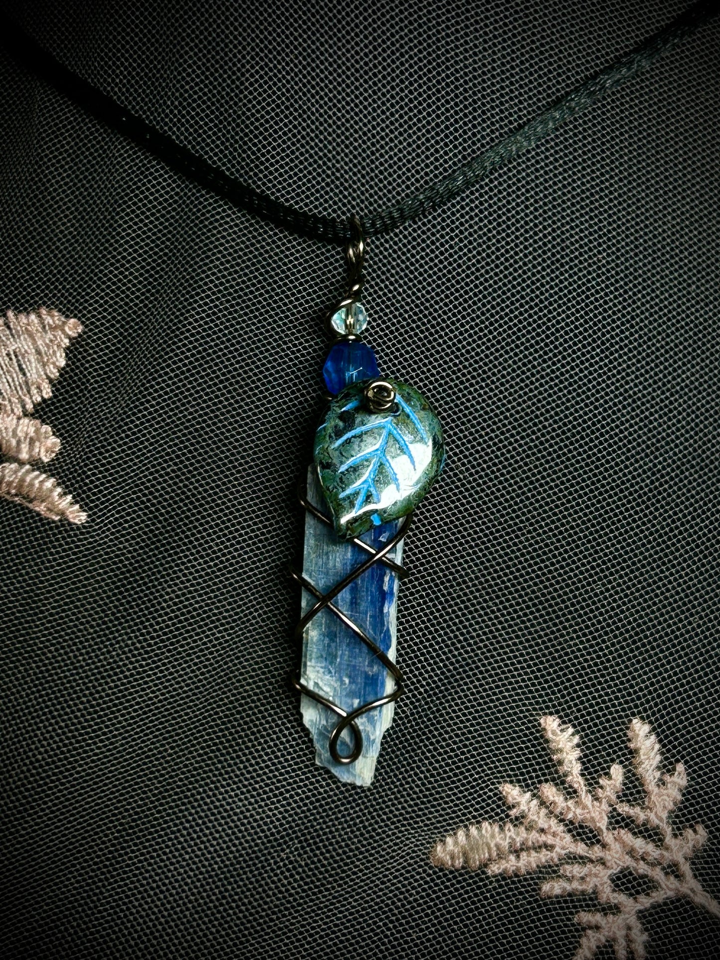 Blue Kyanite with Black Leaf Charm Necklace