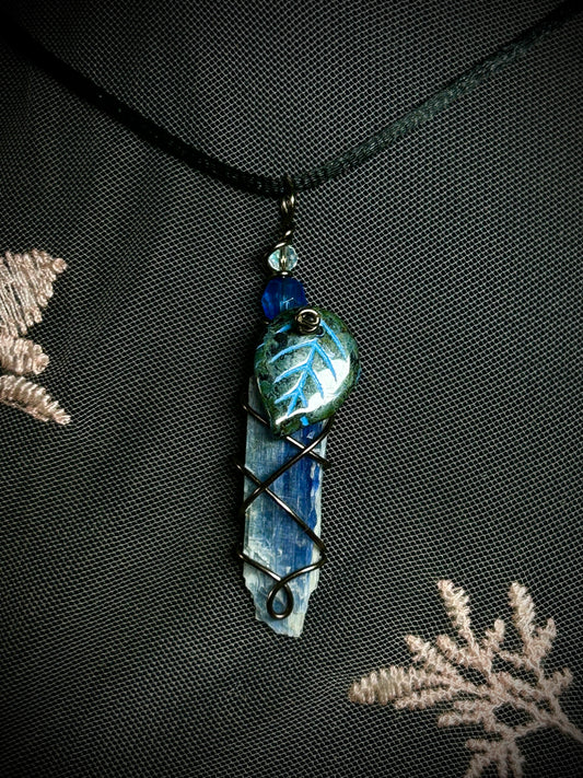 Blue Kyanite with Black Leaf Charm Necklace
