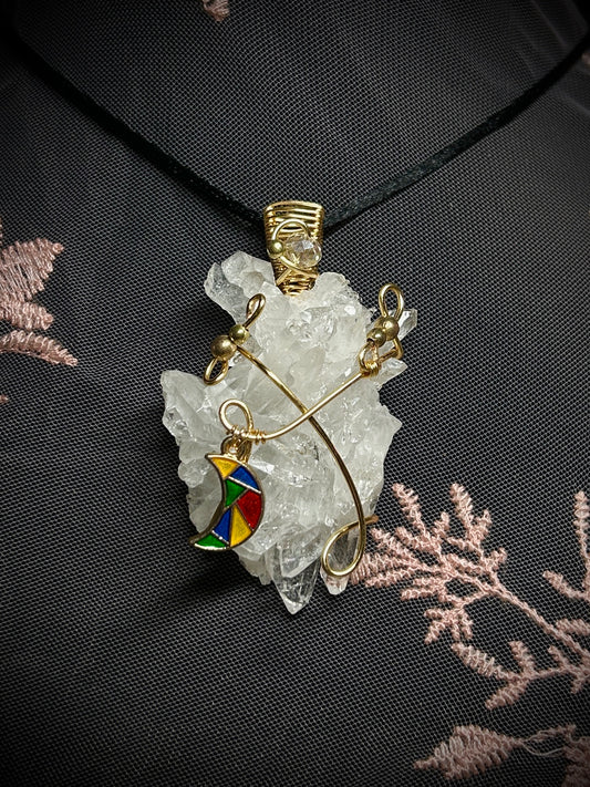 Quartz Cluster with Stainless Glass Moon Charm Necklace