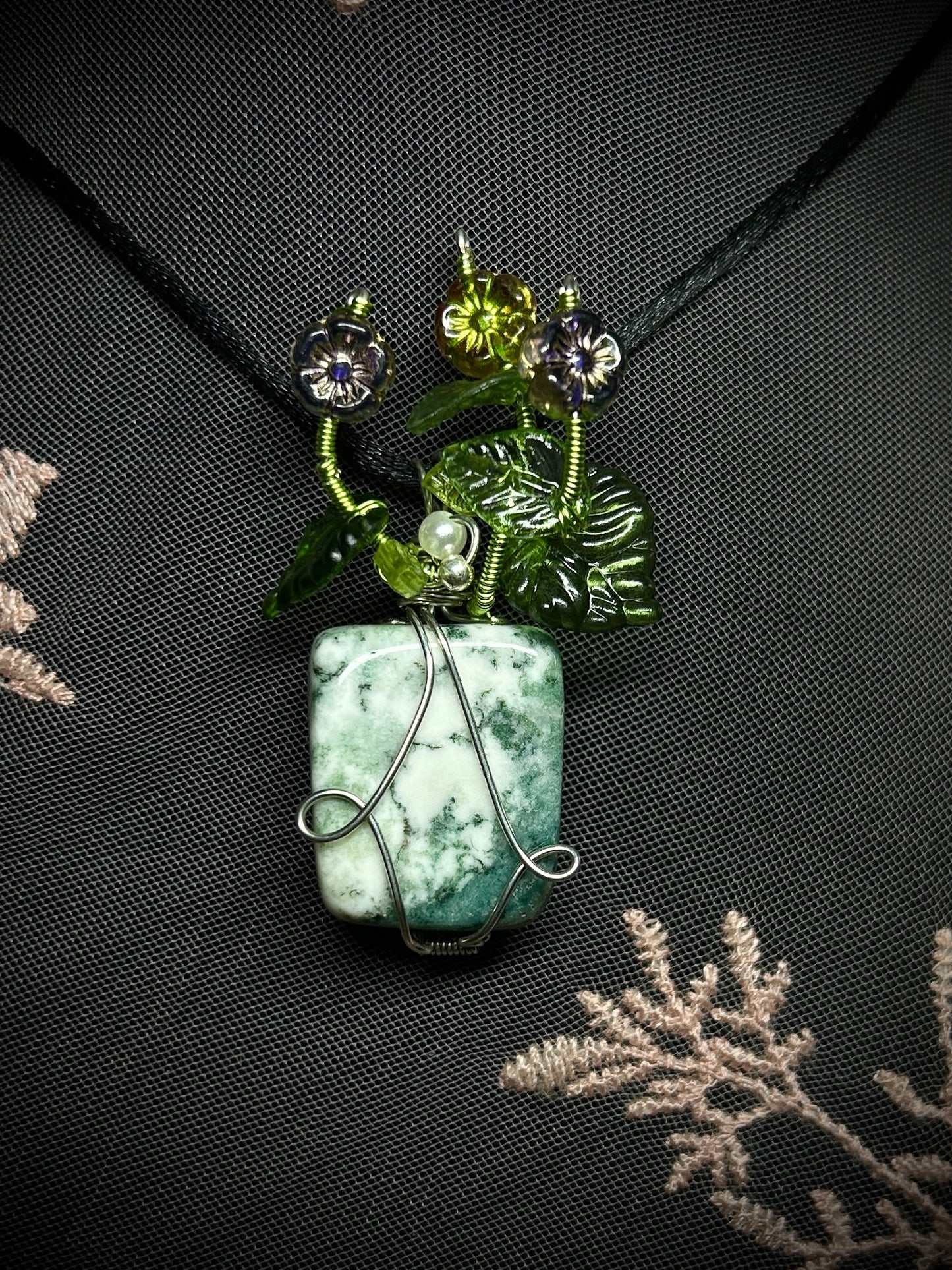 Moss Agate Pot of Flowers Necklace