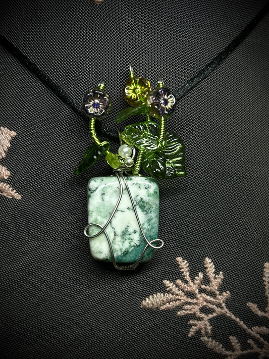 Moss Agate Pot of Flowers Necklace