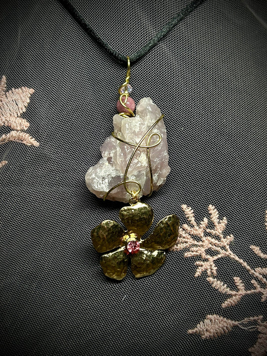 Guava Quartz with Antique Golden Flower Charm Necklace