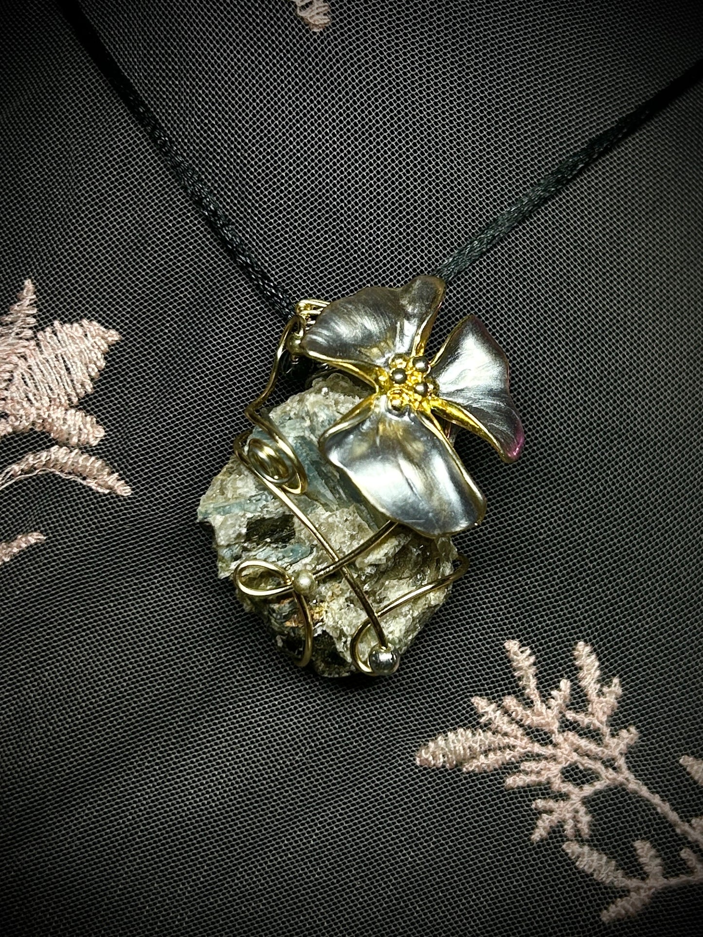 Blue Kyanite & Black Tourmaline Mixed Metal Necklace