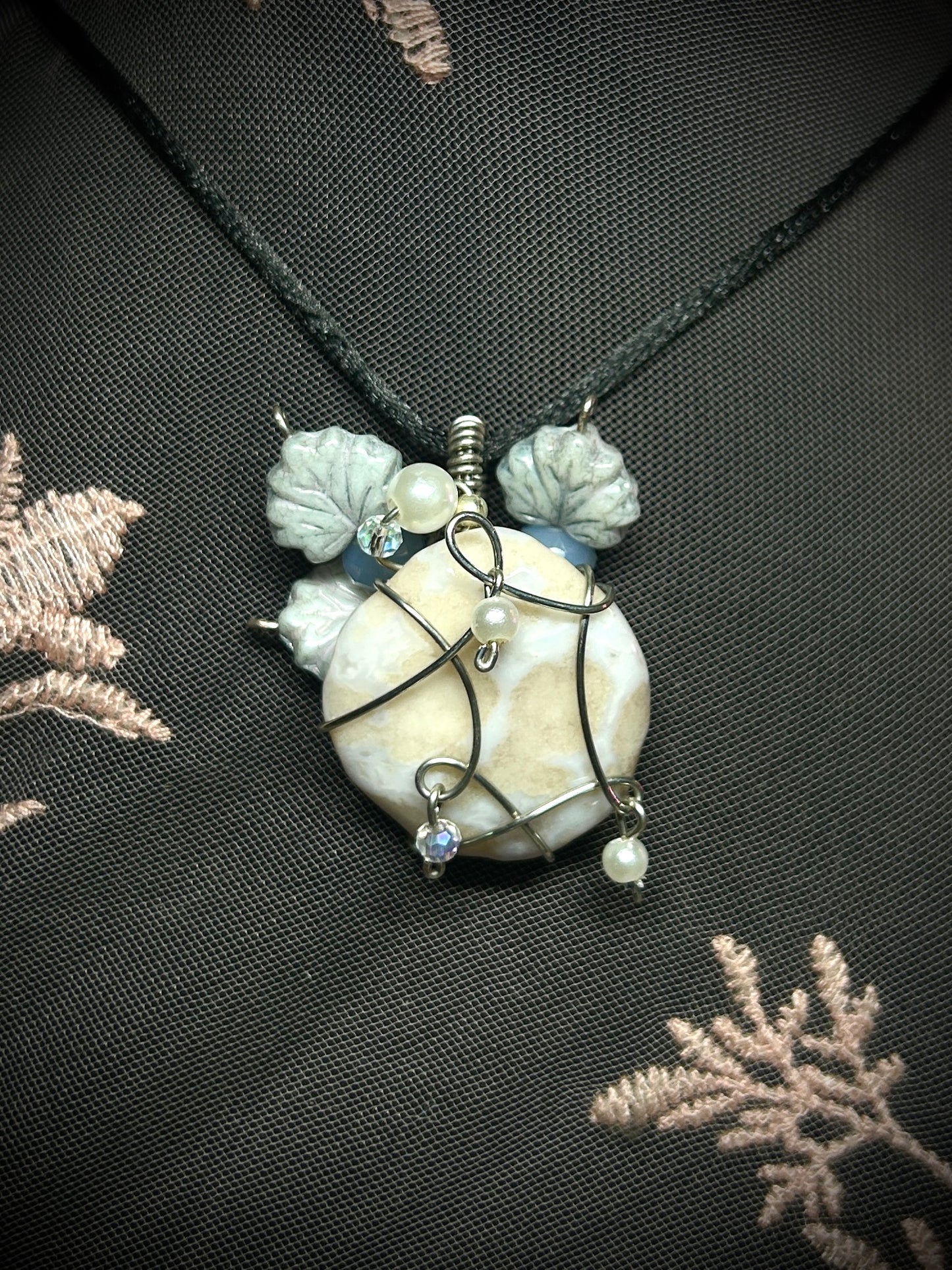 Winter Pendant; Blue Cherry Blossom Agate with Winter Foliage and Snow Beads Necklace