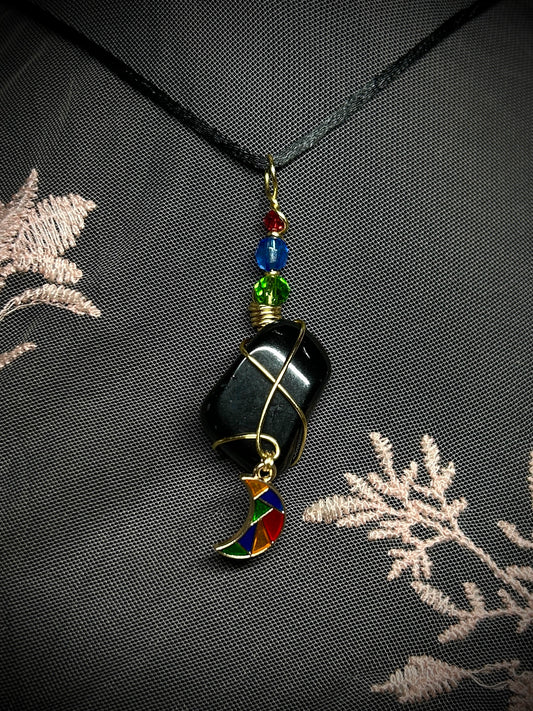 Obsidian with Stained Glass Charm Necklace