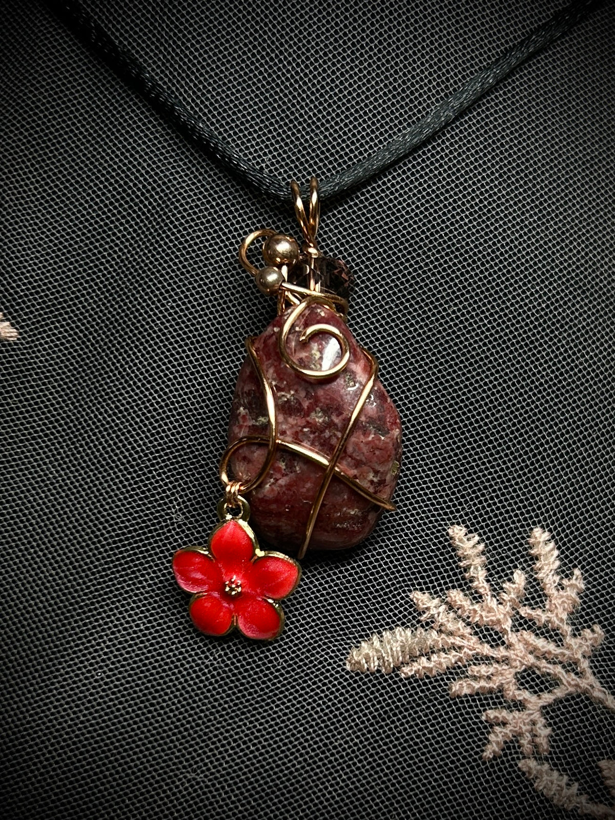Wine Red Quartz with Red Flower Charm Necklace