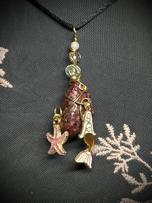 Wine Red Quartz with Starfish & Mermaid Charms Necklace