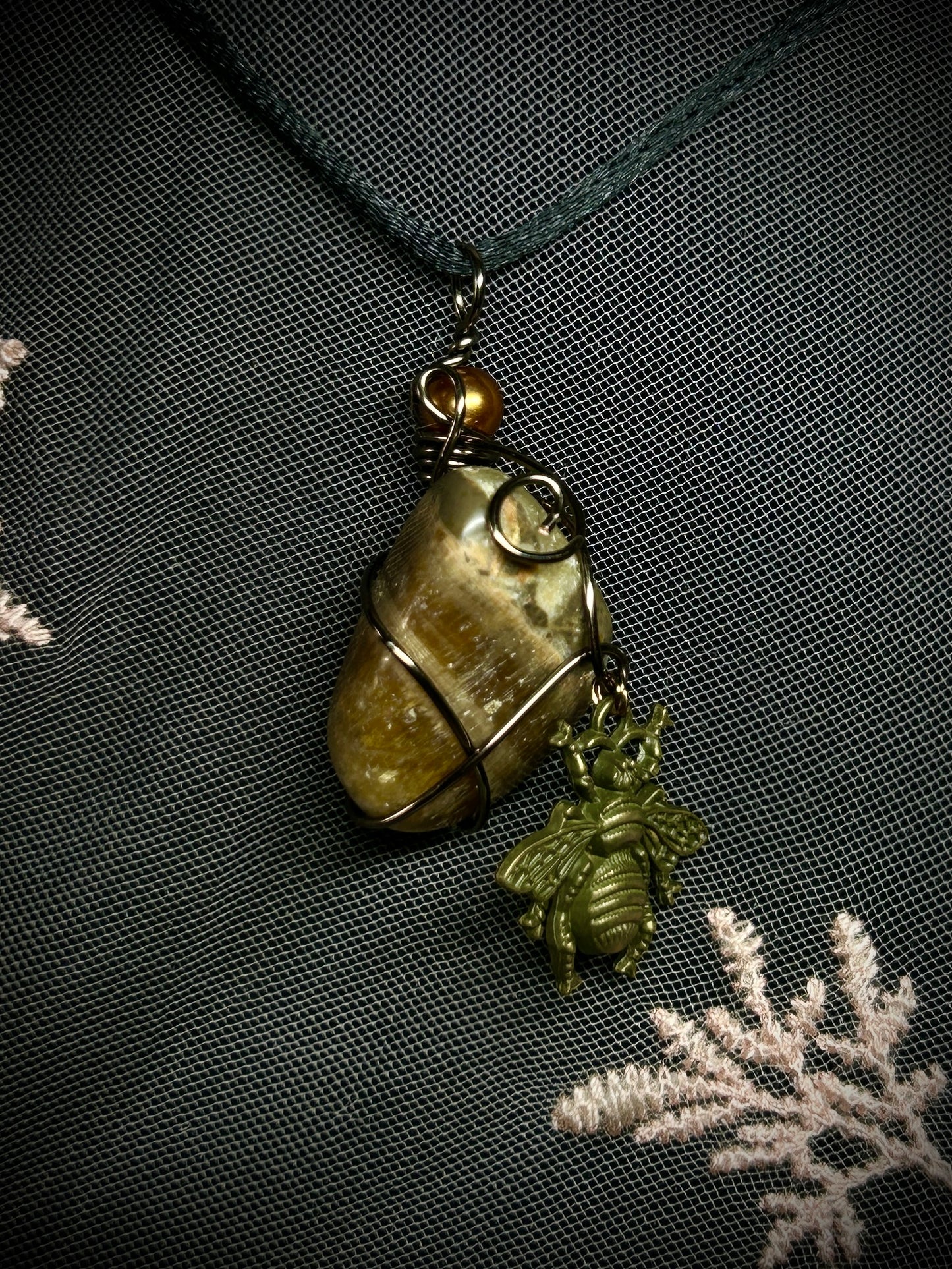 Brown Moonstone with Bee Charm Necklace