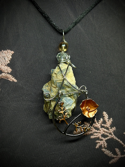 Blue Kyanite with Antique Orange Flower Charm Necklace