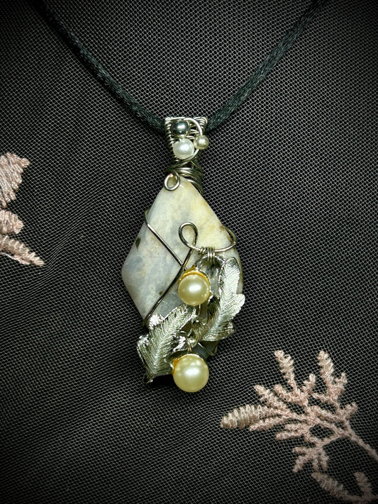 Petrified Wood with Upcycled Pearl Leaf Charm Necklace