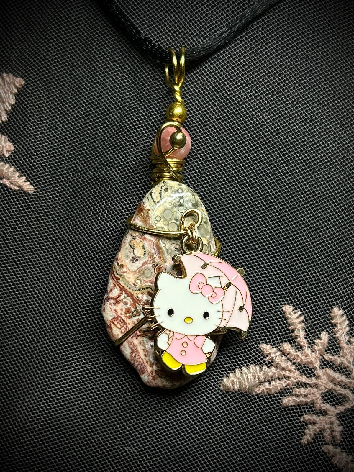 Birds Eye Rhyolite with Hello Kitty Charm Necklace