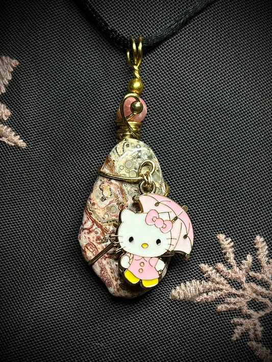 Birds Eye Rhyolite with Hello Kitty Charm Necklace