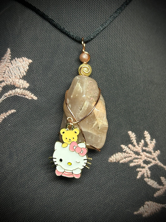 Peach Moonstone with Hello Kitty Charm Necklace