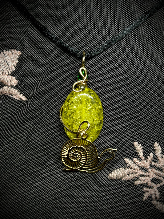 Green Bead with Snail Charm Necklace