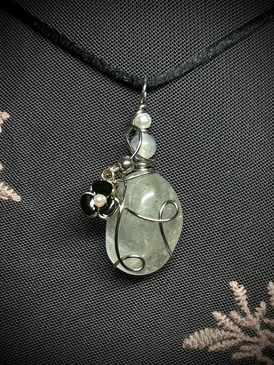 Quartz with Small Black Flower Charm Necklace