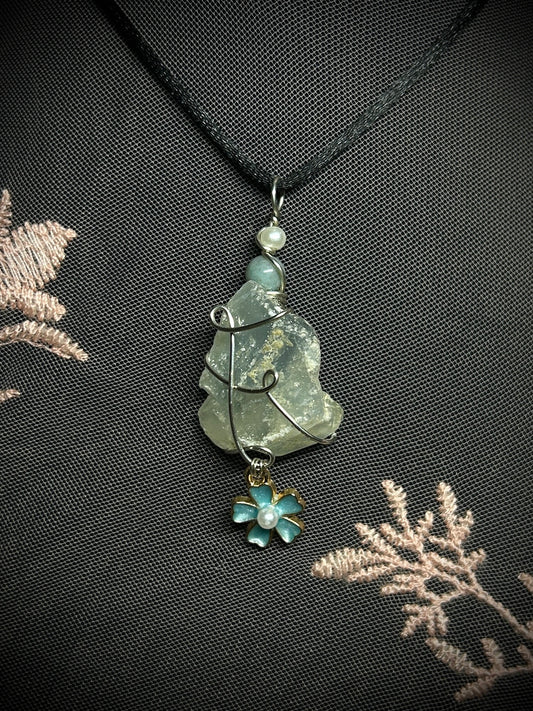Blue Calcite with Blue Flower Charm Necklace