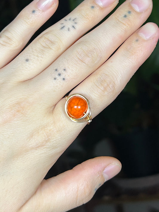 Orange Crackle Bead Gold Ring