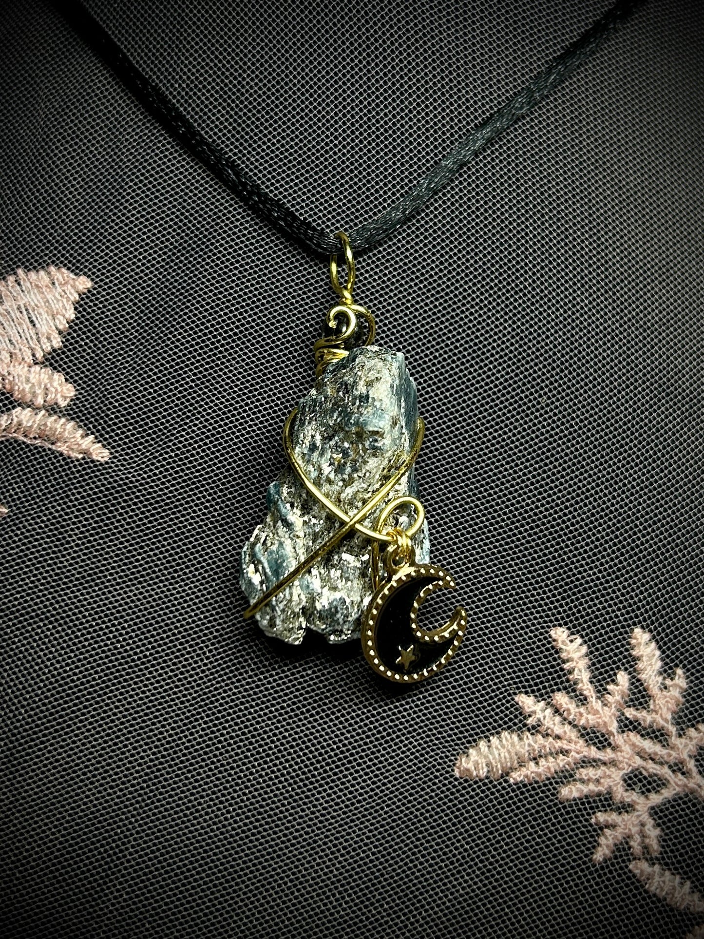 Tri Color Kyanite with Black Moon Charm Necklace