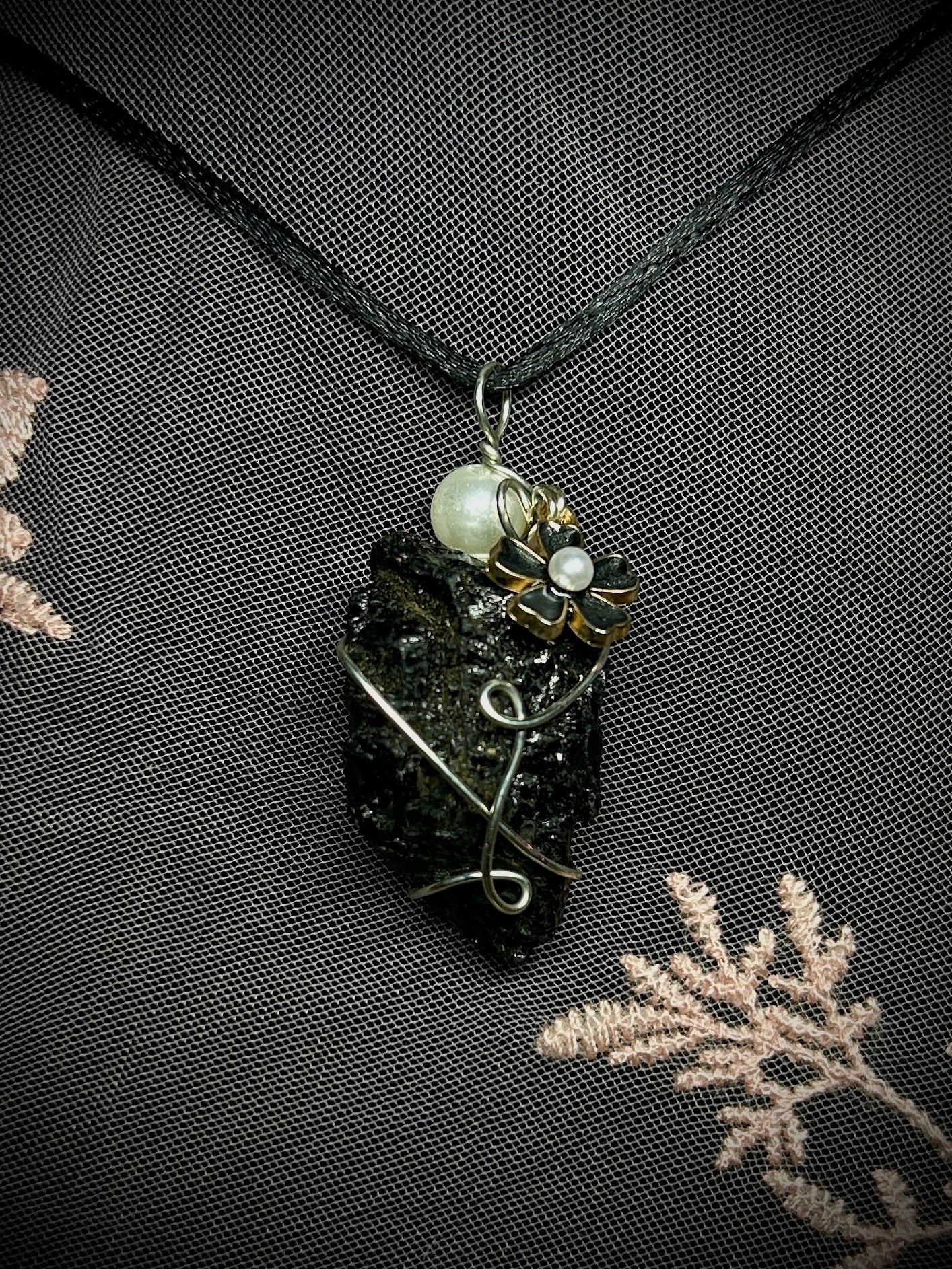 Black Tourmaline with Black Flower Charm Necklace