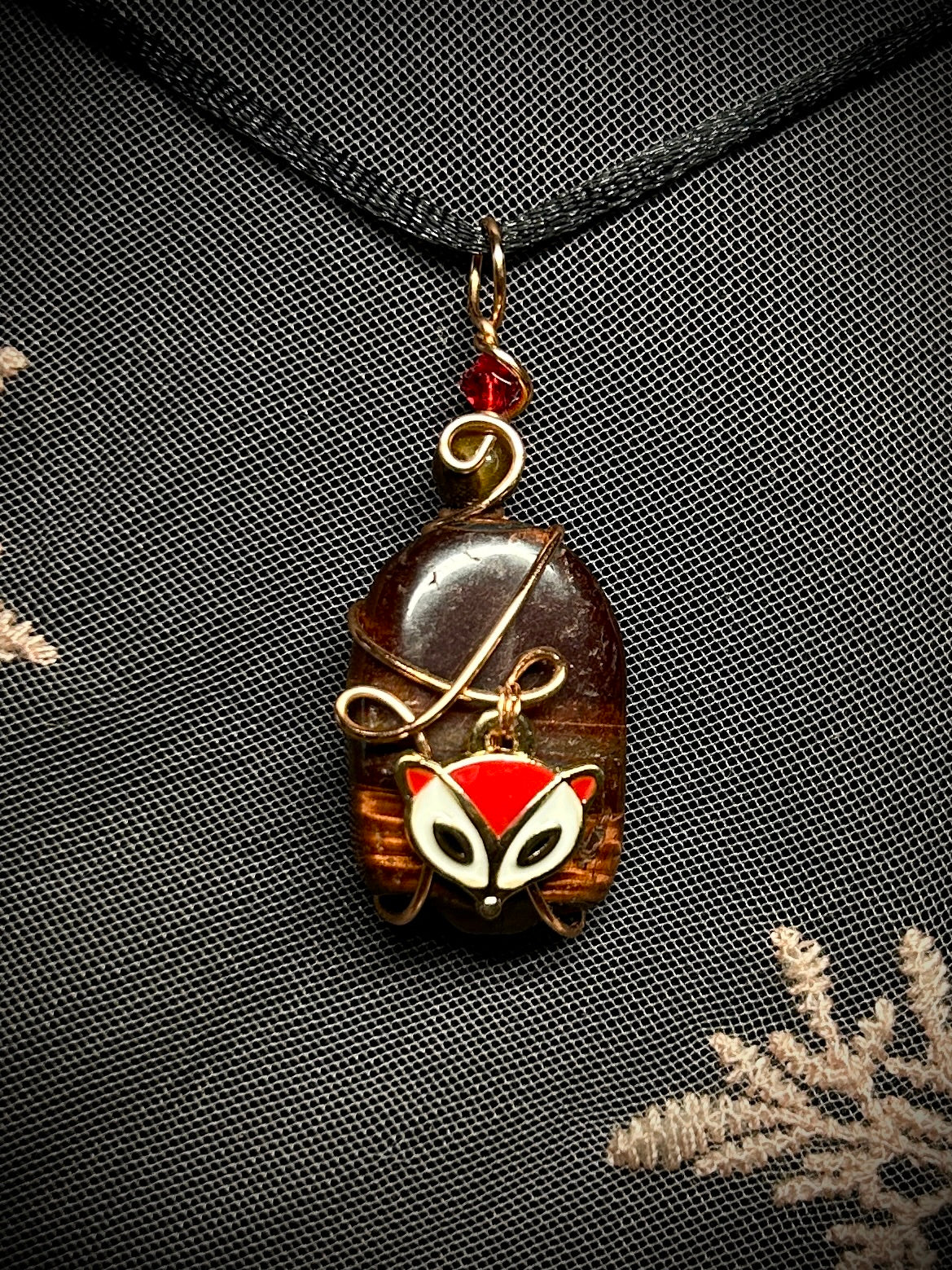 Red Tiger's Eye with Fox Charm Necklace