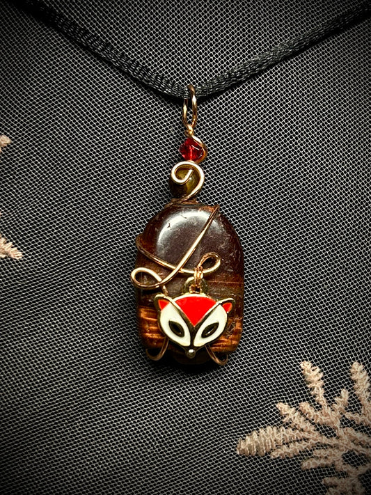 Red Tiger's Eye with Fox Charm Necklace