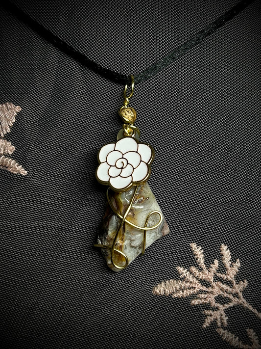 Crazy Lace Agate with White Rose Charm Necklace