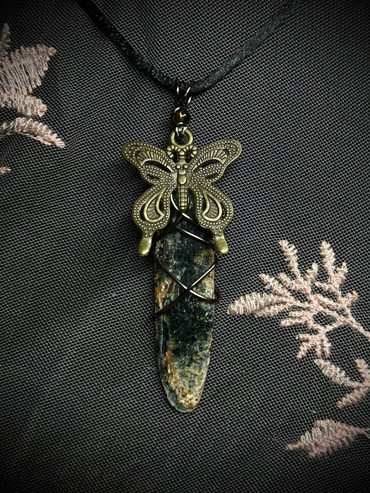 Tri Color Kyanite with Large Moth Charm Necklace