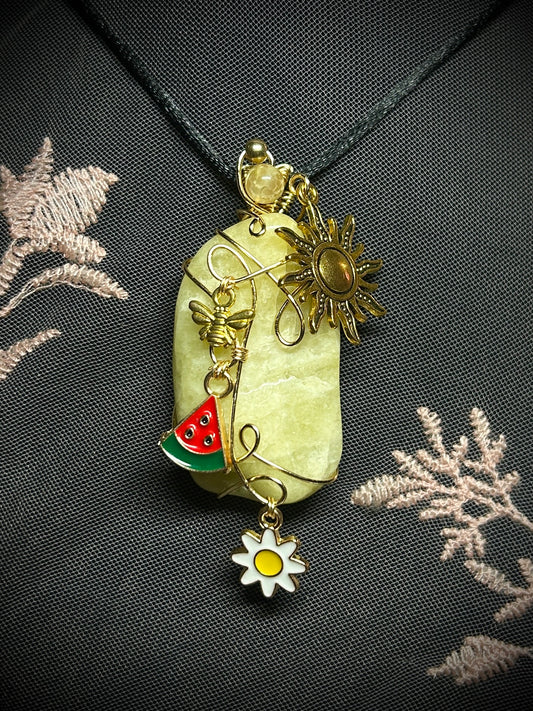 Summer Pendant; Lemon Quartz with Summer Themed Charms Necklace