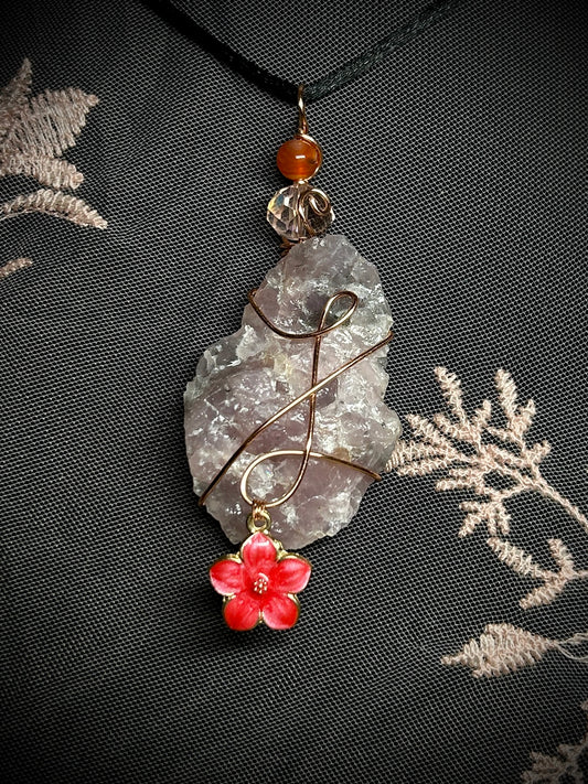 Guava Quartz with Red Flower Charm Necklace