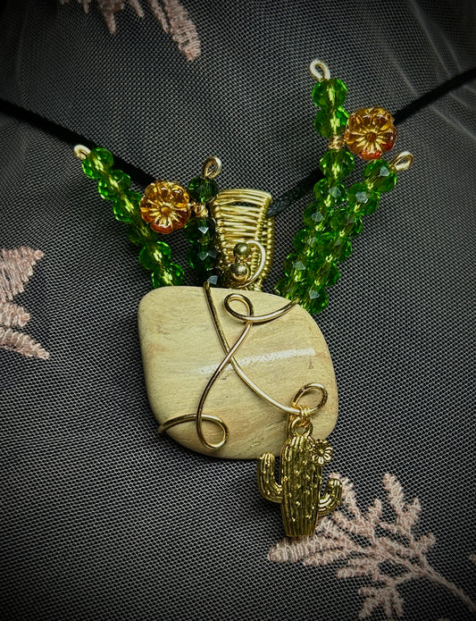 Desert Cactuses on Petrified Wood Necklace