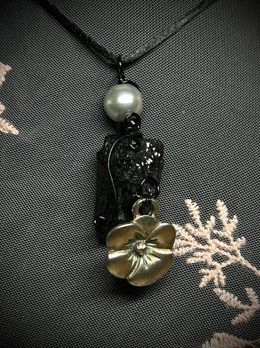 Black Tourmaline with Vintage Flower Charm Necklace