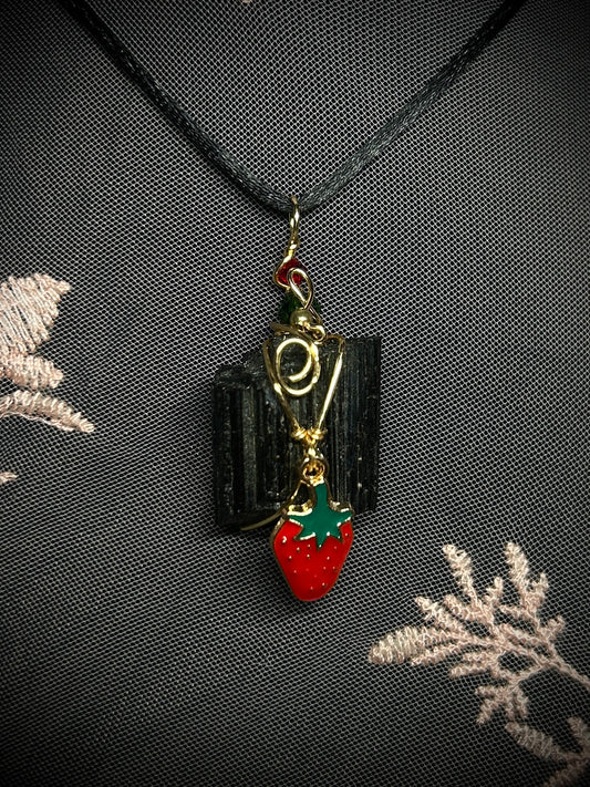 Black Tourmaline with Strawberry Charm Necklace