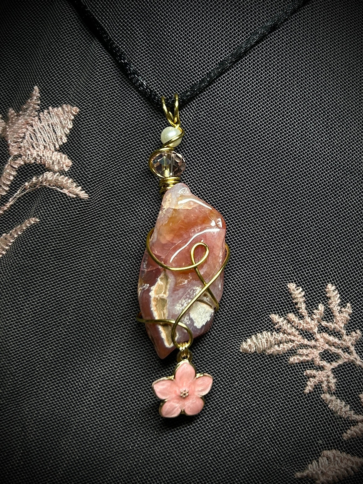Apricot Agate with Pink Flower Charm Necklace