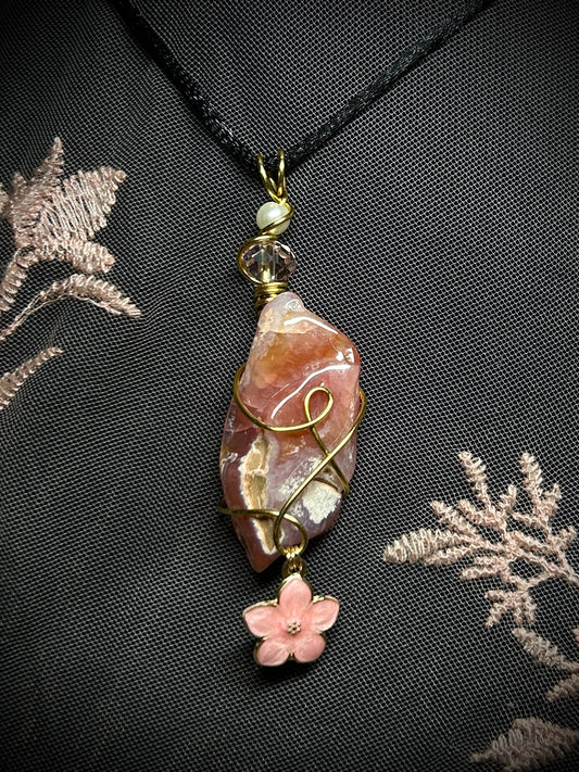 Apricot Agate with Pink Flower Charm Necklace