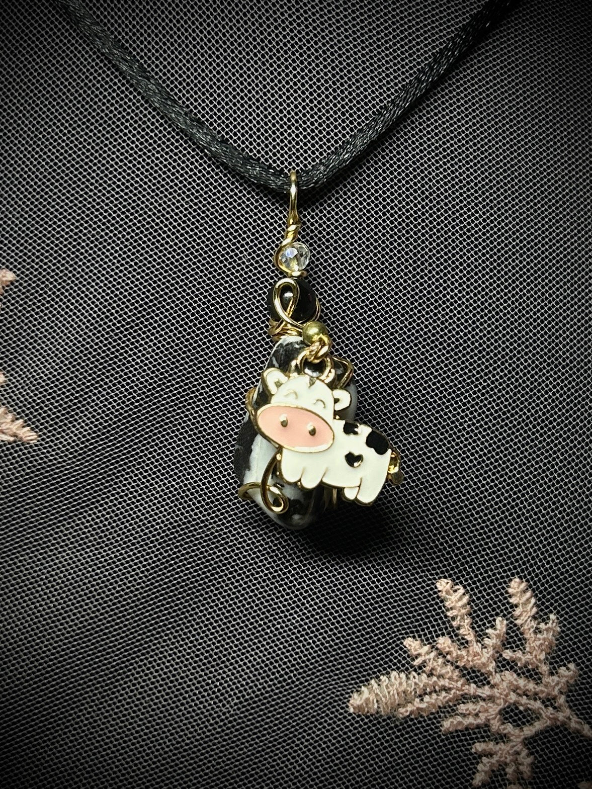 Small Dalmatian Jasper with Cow Charm Necklace
