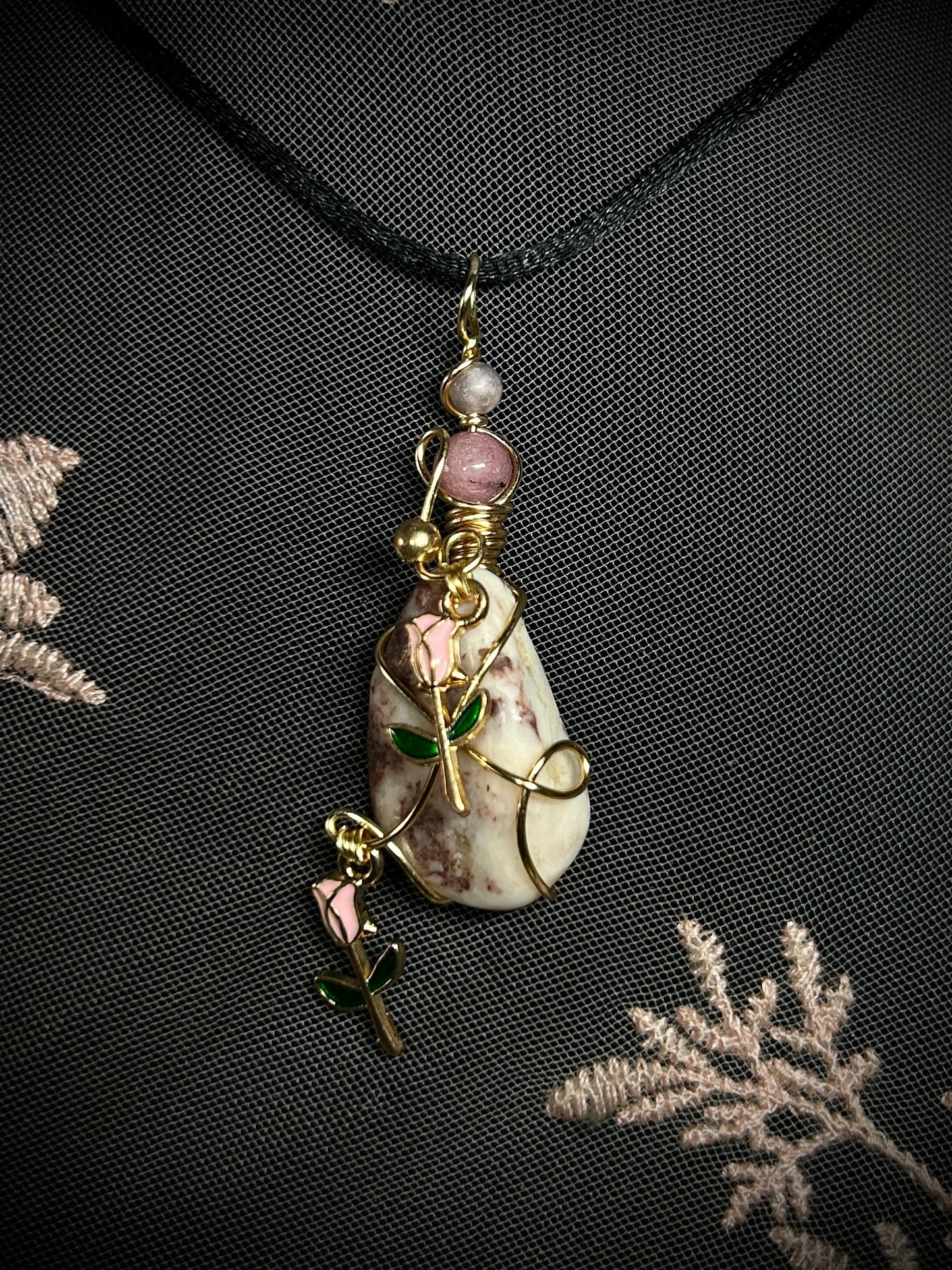 Cinnabar with Rose Charms Necklace