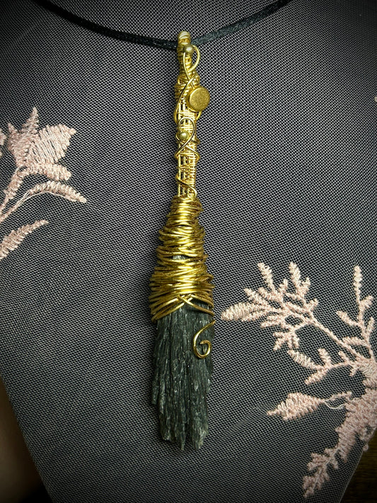 Black Kyanite Bronze Witch Broom Necklace