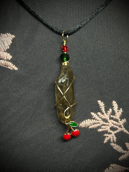 Smokey Quartz with Cherry Charm Necklace