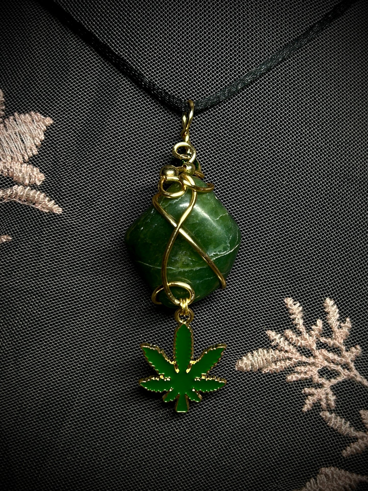 Green Kyanite with Weed Leaf Charm Necklace