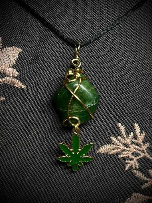 Green Kyanite with Weed Leaf Charm Necklace