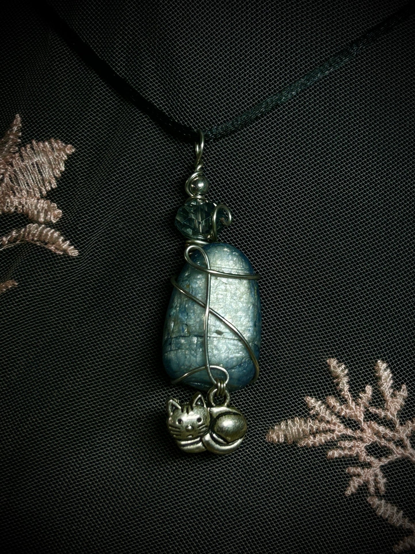 Blue Kyanite with Sleeping Cat Charm Necklace