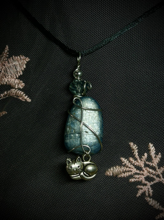 Blue Kyanite with Sleeping Cat Charm Necklace