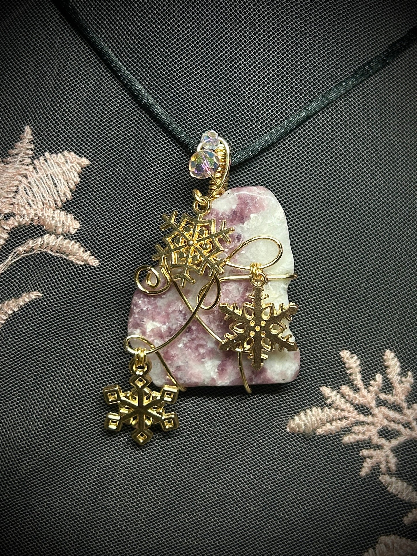 Winter Pendant; Rubellite with Snowflake Charms Necklace