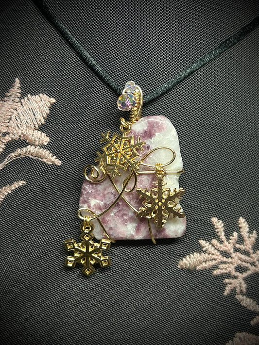 Winter Pendant; Rubellite with Snowflake Charms Necklace