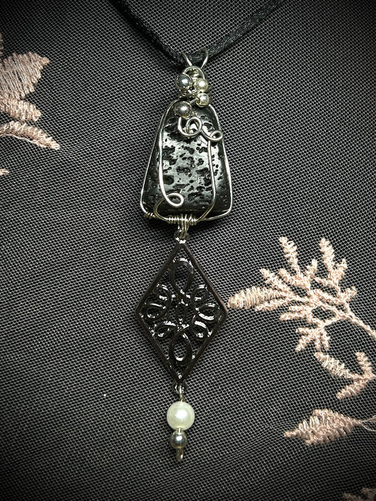 Lava Rock with Ornate Antique Charm Necklace